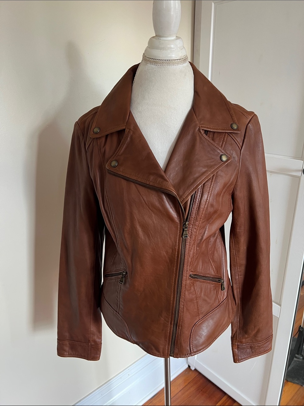 GUESS Brown Genuine Leather Asymmetrical Moto Zip Moto Jacket Size Large